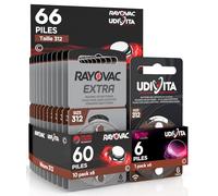 66 Piles Taille 312 pour Les Aides auditives PR41 (Marron - Zinc Air) avec la Technologie Phono Pulse pour amplificateur auditif - 66 Piles: 6 Udivita + 60 Rayovac