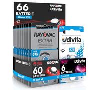 66 Piles Taille 675 pour Les Aides auditives PR44 (Blue - Zinc Air) avec la Technologie Phono Pulse pour amplificateur auditif - 66 Piles: 6 Udivita + 60 Rayovac