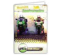 AFIE 67-1014/2 Carte Heureux Anniversaire en Or Doré Brillant Moto Verte pour Garçon Homme avec Enveloppe Blanche 12x17,5cm Motard Casque Course Compteur Vitesse Circuit Drapeau à Damier Championnats