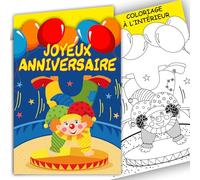 67-1029-1 Carte JOYEUX ANNIVERSAIRE clown au cirque avec un coloriage pour enfant à l'intérieur et une enveloppe blanche - fête étoiles plein les yeux ballons de baudruche 1 2 3 4 5 6 7 8 9 10 ans