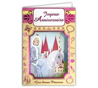 67-1054-B Carte Paillettes Joyeux Anniversaire Reine Princesse des Neiges sur son Poney Cheval devant son Château en Hiver Illustration pour Enfants Filles - Avec Enveloppe Rose Pâle Format 12x17,5cm