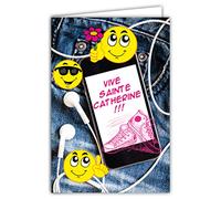 67-1076-A ROSE Carte Vive Sainte Catherine 25 Novembre pour Jeune Fille Adolescente Smileys Jaunes émoticônes Téléphone Portable Musique Baskets Jeans - Avec Enveloppe Blanche