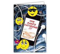 67-1076-B ROUGE Carte Vive Sainte Catherine 25 Novembre pour Jeune Fille Adolescente Smileys Jaunes émoticônes Téléphone Portable Musique Baskets Jeans - Avec Enveloppe Blanche