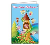 67-1077-A Carte Vive Sainte Catherine pour Petite Fille Enfant - Fée Clochette et ses amies Château Magique Féérique - Avec Enveloppe Blanche format 12x17,5cm - Intérieur blanc réservé à l'écriture