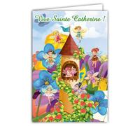 67-1077-B Carte Vive Sainte Catherine pour Petite Fille Enfant - Fée Clochette et ses amies Château Magique Féérique - Avec Enveloppe Blanche format 12x17,5cm - Intérieur blanc réservé à l'écriture