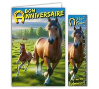 67-1263 Carte Bon Anniversaire Chevaux Jument et Poulain Poneys avec Enveloppe 12x17,5cm Passion Cheval Sports équestres Dressage Cross-country Saut d'obstacles Courses hippiques - Fabriqué en France