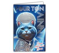 67-1267 Carte ANNIVERSAIRE Chat Disco Boule à facettes Argentée Brillante Scintillante et Enveloppe 12x17,5cm 70's Animal de compagnie déguisé veste à strass discothèque boîte de nuit années 1970