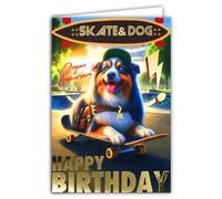 67-1269 Carte ANNIVERSAIRE Chien Skateboard Texte en Or Doré Brillant et Enveloppe 12x17,5cm Berger Australien Animal de compagnie avec casquette collier médaille skatepark promenade dans un parc