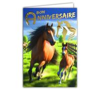 67-1277 Carte Bon ANNIVERSAIRE Tête de Cheval en Or Doré Brillant et Enveloppe 12x17,5cm Fer à Cheval Porte-Bonheur Jument et son Poulain Galopant Pré Prairie Pâture équitation club hippique Poney