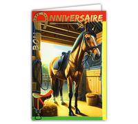 67-1278 Carte Bon ANNIVERSAIRE Fer à Cheval Porte-Bonheur en Or Doré Brillant et Enveloppe 12x17,5cm équitation hippisme club hippique équestre étalon Jument Poulain Poney écurie box selle cravache