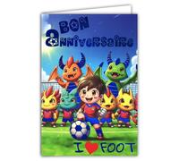 67-1280 Carte Bon Anniversaire Garçon Footballeur Ballon Rond de Foot Bleu Brillant Supporter Maillot Rouge et Noir Dragons Style BD Manga - Avec Enveloppe Blanche Format 12x17,5cm -Fabriqué en France
