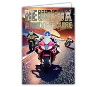 67-1286 Carte Heureux Anniversaire Moto GP Course Vitesse Circuit Argenté Brillant Illustration 1 an de plus Cadeau Motard Motarde Pilote - Avec Enveloppe Blanche Format 12x17,5cm - Fabriqué en France