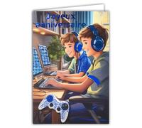 67-1288 Carte Joyeux Anniversaire pour Garçon Adolescent Gamer Jeux Vidéos Manette Ordinateur Casque audio Connecté Copain Ami en ligne - Avec Enveloppe Blanche Format 12x17,5cm - Fabriqué en France