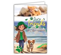 67-1295 Carte Bon Anniversaire Fille Chien Chiot Chaton Animaux de compagnie Best Friends Promenade à la Mer Plage Chapeau Vert Brillant - Avec Enveloppe Blanche Format 12x17,5cm - Fabriqué en France