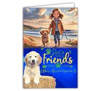 67-1296 Carte Bon Anniversaire Fille Chien Chiot Animaux de compagnie Best Friends Promenade à la Plage Mer Océan Bleu Brillant Illustration -Avec Enveloppe Blanche Format 12x17,5cm Fabriqué en France