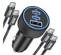 67W 3-Port Chargeur Voiture Allume Cigare USB C et 2-Pack 1M USB C Câble pour iPhone 17 Air 16 16e 15 Pro Max, iPad, Samsung S25 S24 S23 S22 Ultra, Pixel, Prise Rapide Chargeur PD/QC 12V Adaptateur