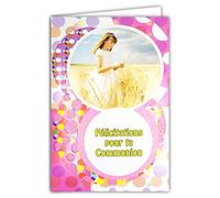 68-1019/2 Carte avec Enveloppe Félicitations pour ta COMMUNION FILLE PAILLETTES Aube Robe Blanche Champ de Blé Pain Ostie Couleur Rose Fête Printemps
