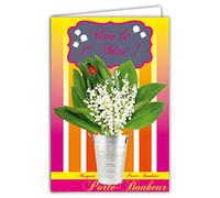 AFIE 68-1046-A Carte avec Enveloppe Jaune MUGUET PORTE-BONHEUR avec COCCINELLE en Bois Peinte à la main 1er Mai en Rose Fuschia Brillant 13 Clochettes Blanches Bouquet Fleurs Fête Printemps