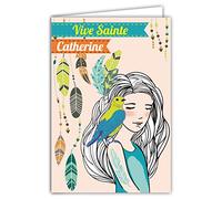 68-1074-B Carte Vive Sainte Catherine 25 Novembre pour Jeune Fille Adolescente Femme Illustration Plumes Oiseaux Capteur Attrape-rêves - Avec Enveloppe Blanche
