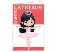 AFIE 68-1098-B Carte Bonne Fête de Sainte Catherine avec Enveloppe 25 Novembre Petite Fille Sage Brune Danseuse Danse Classique Tutu Ballerines Couronne Princesse Rose