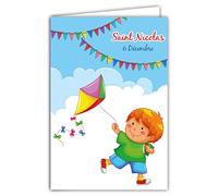68-1101-A Carte Bonne Fête de Saint Nicolas 6 Décembre Petit Garçon Enfant Sage Jeu Cerf-volant Drapeaux Fanions Maternelle Primaire Bleu Ciel Nuages