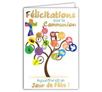 68-1202 Carte avec Enveloppe Félicitations pour ta Communion Jour de Fête Arbre Vie Chrétien Catholique Croix Pain Vin église Foi Religion Cadeau pour Parrain Marraine, Fabriqué en France Doré