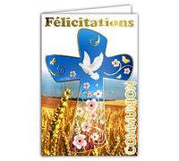 68-1204 Carte Félicitations Communion Dorure Or Croix épis Champ Blé Pain Vin Raisin Fleurs Colombe Paix Parrain Marraine église Chrétien Catholique Religion Fabriqué en France 68-1204