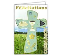 AFIE 68-1205 Carte Félicitations Communion Dorure Or Croix épis Champ Blé Pain Vin Raisin Fleurs Parrain Marraine église Chrétien Catholique Religion Fabriqué en France 68-1205
