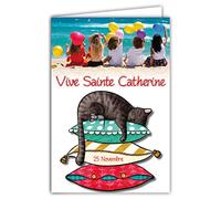 AFIE 68-1308 Carte avec Enveloppe Vive Sainte Catherine 25 Novembre Bonne Fête pour petite fille qui aime les Chats Ballons Coussins Sable Mer Carte à échanger collectionner amies copines récréation