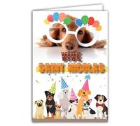68-1316 Carte Saint Nicolas Bonne Fête 6 décembre pour Enfant Sage Garçon Fille Chiens Lunettes Chapeaux Animaux Rigolos Amis Copains Récréation - Avec Enveloppe Blanche Format 12x17,5cm