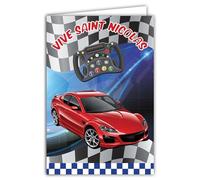 68-1324 Carte Vive Saint Nicolas Bonne Fête 6 décembre Voiture Rouge Sport Course Automobile Manette Jeux en ligne Garçon Enfant ou Adolescent Ami Copain - Avec Enveloppe Blanche Format 12x17,5cm