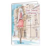 68-1328 Carte Vive Sainte Catherine Bonne Fête 25 novembre pour Jeune Fille Femme Adolescente Amie Copine Chapeau Robe à la Mode Look Stylé Chic élégante - Avec Enveloppe Blanche Format 12x17,5cm