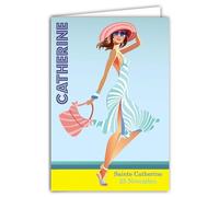 68-1330 Carte Vive Sainte Catherine Bonne Fête 25 novembre pour Jeune Fille Femme Adolescente Amie Copine Chapeau Robe à la Mode Look Stylé à la Plage Mer - Avec Enveloppe Blanche Format 12x17,5cm