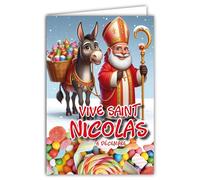 68-1335 Carte avec Enveloppe Vive Saint Nicolas avec son âne gris 6 décembre Bonne fête des écoliers enfants sages comme des images à collectionner pour Garçons Filles Bombons - Fabriqué en France