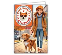 Carte Vive Sainte Catherine 25 novembre Souhaitez une Bonne Fête à une Jeune Fille Femme qui aime promener avec son chien - Avec Enveloppe Blanche Format 12x17cm - Fabriqué en France