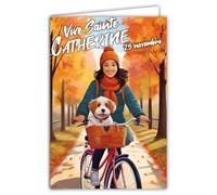 68-1341 Carte Vive Sainte Catherine 25 novembre Souhaitez Bonne Fête à une Jeune Fille Femme qui aime promener à bicyclette vélo avec son chien - Avec Enveloppe Blanche Format 12x17cm - Fab. française