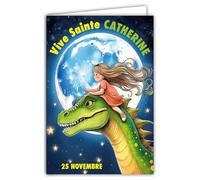 68-1347 Carte Vive Sainte Catherine 25 novembre Souhaitez une Bonne Fête à une Petite Fille Rêveuse qui Rêve d'aller dans l'Espace Lune Ami Dinosaure Vert - Avec Enveloppe Blanche 12x17cm