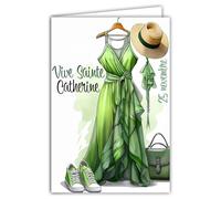 68-1352 Carte Vive Sainte Catherine 25 novembre Souhaitez une Bonne Fête à une Jeune Fille Femme Fashionista à la Mode Illustration Robe Longue Verte Chapeau Avec Enveloppe Blanche 12x17cm