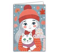 68-1354 Carte Vive Sainte Catherine 25 novembre Souhaitez une Bonne Fête à une Petite Jeune Fille qui aime son Chat Mignon Câlin Bonnet Automne Coiffe - Avec Enveloppe Blanche 12x17cm