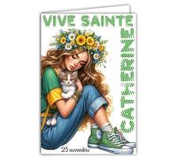 68-1355 Carte Vive Sainte Catherine 25 novembre Souhaitez une Bonne Fête à une Jeune Fille Femme qui aime son Chat Mignon Câlin Couronne de Fleurs Coiffure -Avec Enveloppe Blanche 12x17cm