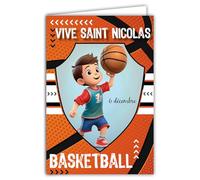 68-1358 Carte Vive Saint Nicolas 6 Décembre Basketball Basketteur Souhaitez une Bonne Fête à un petit Garçon écolier Sportif - Avec Enveloppe Blanche Format 12x17cm - Fabriqué en France
