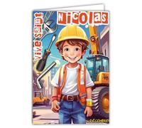 68-1360 Carte Vive Saint Nicolas 6 Décembre Souhaitez une Bonne Fête à un petit Garçon écolier Bricoleur Jeu de construction Pelleteuse Chantier - Avec Enveloppe Blanche Format 12x17cm