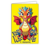 68-1364 Carte Vive Saint Nicolas 6 Décembre Souhaitez une Bonne Fête à un Garçon écolier qui aime les Monstres Fantastiques Dragon à collectionner - Avec Enveloppe Blanche Format 12x17cm