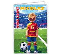 68-1366 Carte Vive Saint Nicolas 6 Décembre Souhaitez une Bonne Fête à un écolier Garçon Footballeur Football Ballon Rond Attaquant Terrain But - Avec Enveloppe Blanche Format 12x17cm