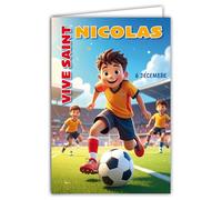 68-1367 Carte Vive Saint Nicolas 6 Décembre Souhaitez une Bonne Fête à un écolier Garçon Footballeur Football Ballon Rond Attaquant Terrain But - Avec Enveloppe Blanche Format 12x17cm