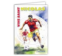 68-1368 Carte Vive Saint Nicolas 6 Décembre Souhaitez une Bonne Fête à un Garçon Jeune Homme Footballeur Football Ballon Rond Attaquant Terrain But - Avec Enveloppe Blanche Format 12x17cm