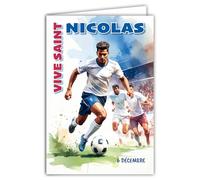 68-1369 Carte Vive Saint Nicolas 6 Décembre Souhaitez une Bonne Fête à un Garçon Jeune Homme Footballeur Football Ballon Rond Attaquant Terrain But - Avec Enveloppe Blanche Format 12x17cm
