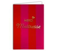 68-2002 Carte de Vœux Merci Maîtresse Remerciement Mots et Cœur en Or Fin Doré Brillant Délicat et Rayures sur Papier Mat - Avec Enveloppe Blanche Format 12x17,5cm - Fabriqué en France
