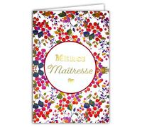 68-2004 Carte de Vœux Merci Maîtresse Remerciement Mots et Cœur en Or Fin Doré Brillant Délicat et Feuillage Baies Rouges sur Papier Mat - Avec Enveloppe Blanche Format 12x17,5cm - Fabriqué en France