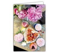 68-4034 Carte Photo Gâteaux en Forme de Cœur Fleurs Pivoines Roses -Format fermé 17x11,5cm -Intérieur blanc pour écrire votre Message Vœux Souhaits -Livré avec une Enveloppe -Fabrication Française